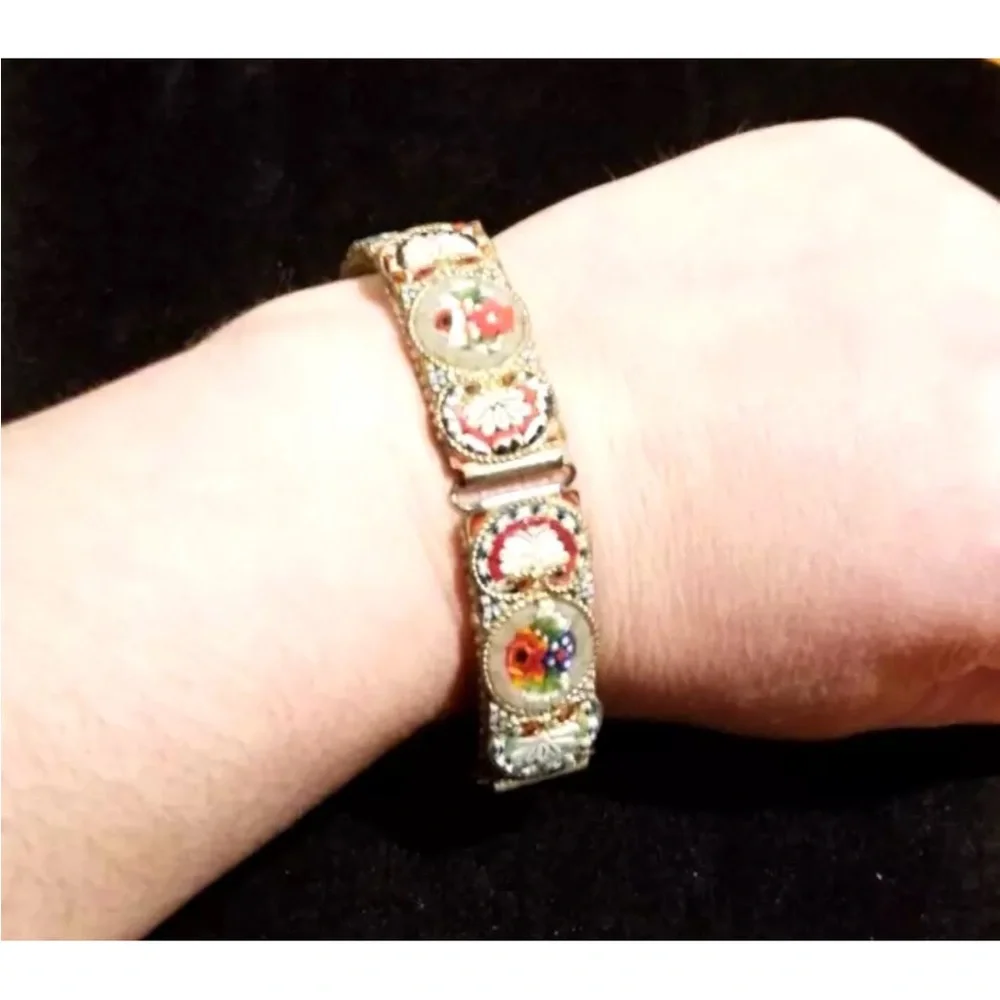 Vintage Silver Tone Italy Micro Mosaic Panel Bracelet Flowers Bouquet